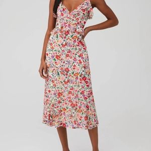 Astr Floral Midi Dress in White with Pink & Red Bouquet